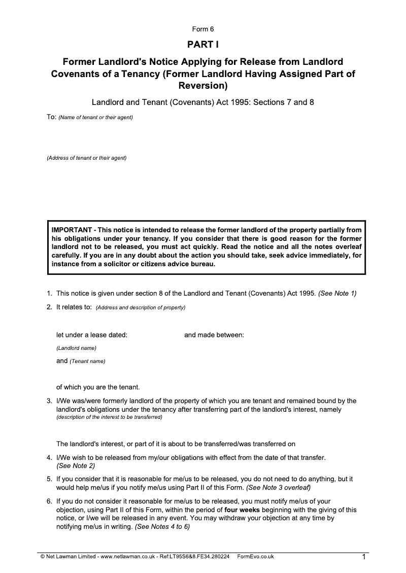 LT76 Former Landlord s Notice Applying for Release from Landlord Covenants of a Tenancy Former Landlord Having Assigned Part of Reversion Form 6 [L T97] preview
